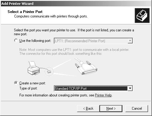 Seleccione Create a new port (Criar uma nova porta) e, em seguida, seleccione Porta de TCP/ IP padrão na lista.