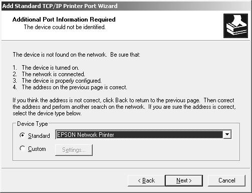 6. Introduza o endereço de IP da interface de rede e, em seguida, faça clique em Next (Seguinte). 7. Se ocorrer um erro, é apresentada a caixa de diálogo que se segue.