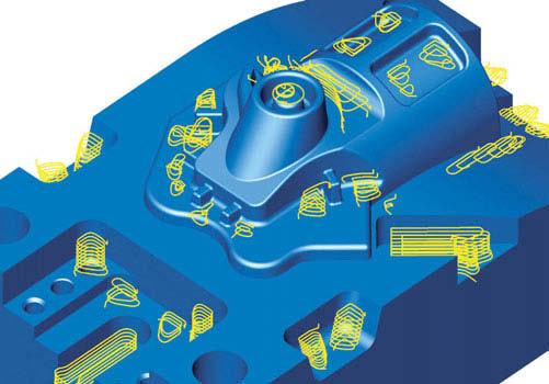 CAM estratégias 3D Desbaste de material residual otimizado em 3D Esse novo ciclo gera caminhos de ferramenta otimizados em termos de HSC para usinagem de material residual com base em uma operação de