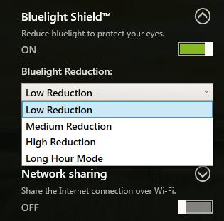 Item Descrição 1 2 3 4 Baixo Redução Média Redução Alta Redução Modo Horas Longas Reduz a emissão de luz azul do ecrã LED retroiluminado por 10% a 25% para protecção básica.