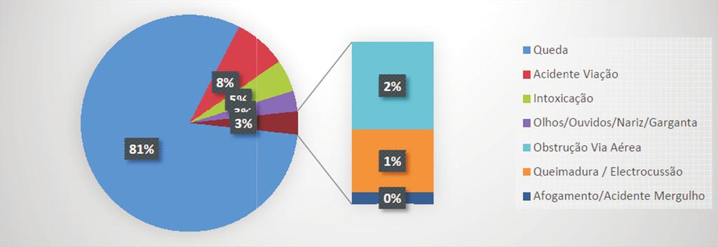 Gráfico 10 - Nº chamadas 112 por acidente reencaminhadas para INEM, entre 2013 e 2016, dos 0 aos 18 anos distribuição por tipo de acidente Tabela 5 - Nº chamadas 112 por acidente reencaminhadas