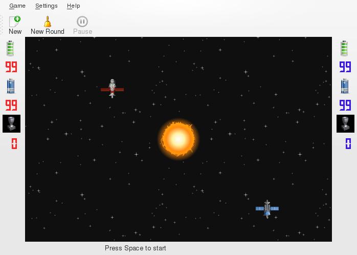 Capítulo 3 Regras do Jogo, Estratégias e Sugestões 3.1 Introdução ao ecrã de jogo do KSpaceDuel. O topo da área de jogo é ocupado pela barra do menu e pela de ferramentas.