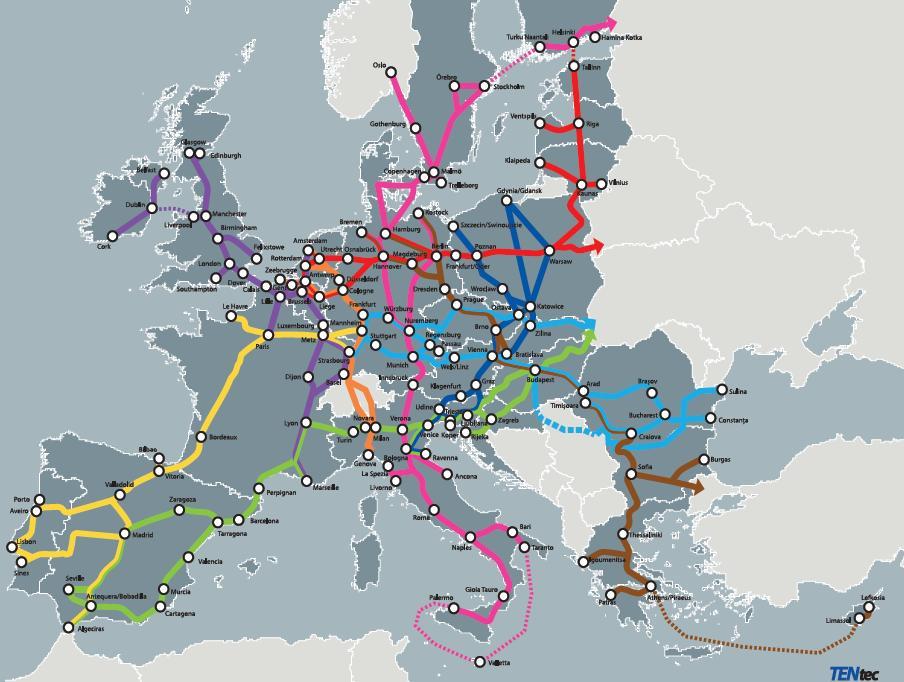 No âmbito da Rede Transeuropeia de Transportes (RTE-T), a Rede Principal (Core Network), que deverá ser desenvolvida até 2030, compreende os nós e as ligações da Rede Global (Comprehensive Network)