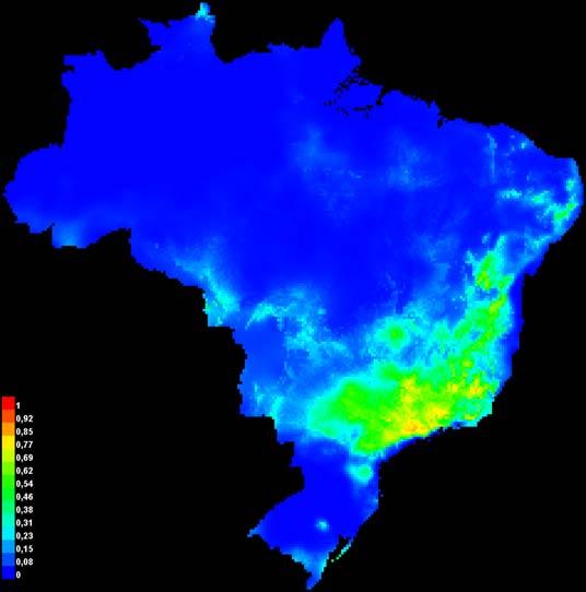 Predição da distribuição geográfica do capim-annoni-2 no Brasil (A), pelo uso do algoritmo do software de