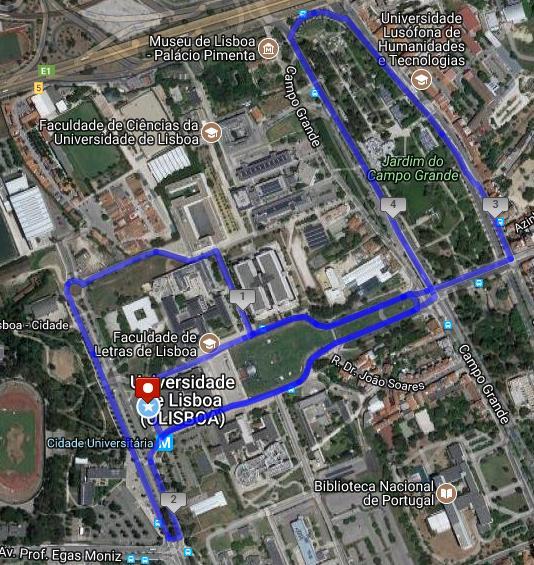 A corrida/caminhada de 5km com início marcado para as 10h05, com partida na Reitoria da Universidade de Lisboa, vira em sentido descendente para a Alameda da Universidade, no final da Reitoria, os