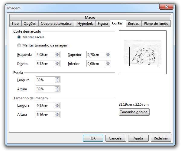 Recortar as imagens É um erro frequente de diagramação a inserção de imagens mal enquadradas ou com sobras. O LibreOffice permite recortar as imagens, para solucionar esse problema.