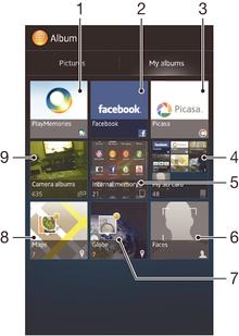 Descrição do separador Meus álbuns 1 Veja as fotografias e vídeos utilizando o serviço PlayMemories Online. 2 Veja fotografias e vídeos no Facebook. 3 Veja fotografias e vídeos no Picasa.