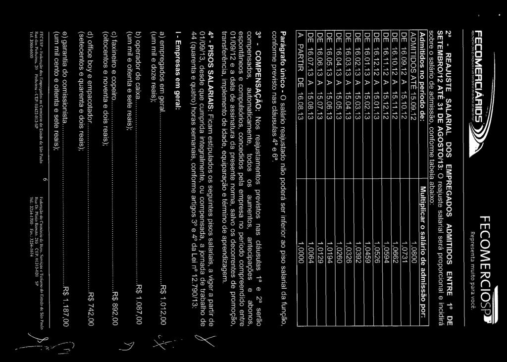 FECDMERCIARIDS FECOMERCIOSP* 2a - REAJUSTE SALARIAL DOS EMPREGADOS ADMITIDOS ENTRE 1 DE SETEMBRO/12 ATÉ 31 DE AGOSTO/13: O reajuste salarial será proporcional e incidirá sobre o salário de admissão,