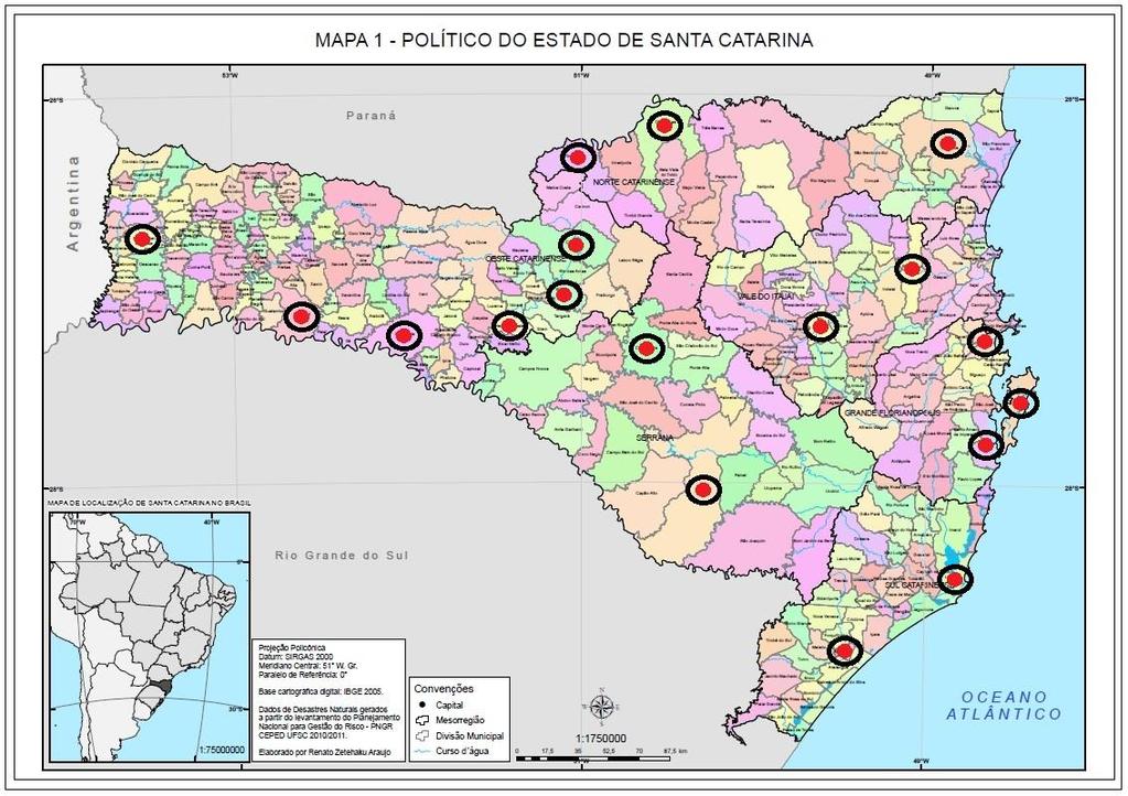 45 Figura 2 - Mapa político do Estado de Santa Catarina, mostrando a localização das unidades da Polícia Ambiental no território catarinense. Fonte: Santos, 2012.