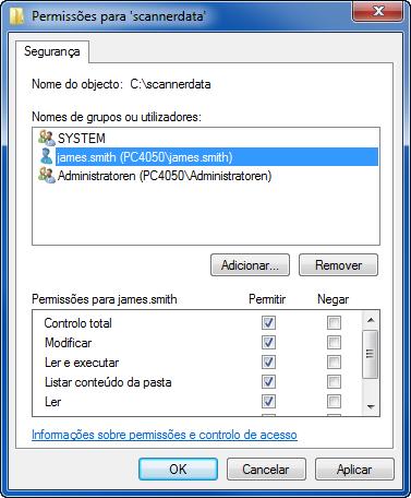 Uso Básico 6 Seleccione o utilizador inserido, seleccione as permissões de Alterar e Ler e clique no botão OK. No Windows XP, avance até ao passo 8.