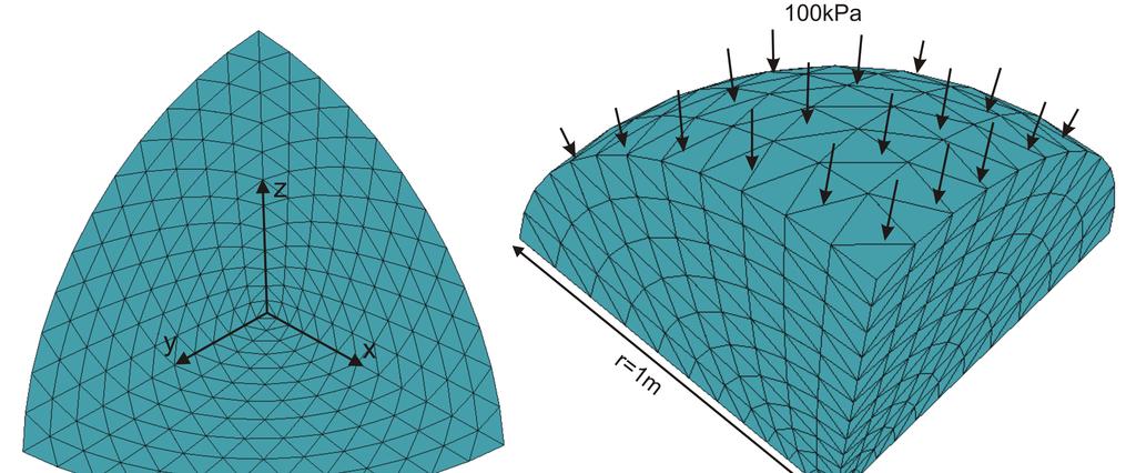 Exemplos de verificação 97 Figura 5.15.- Geometria e malha de elementos finitos empregadas na análise de uma esfera de argila submetida a uma pressão confinante.