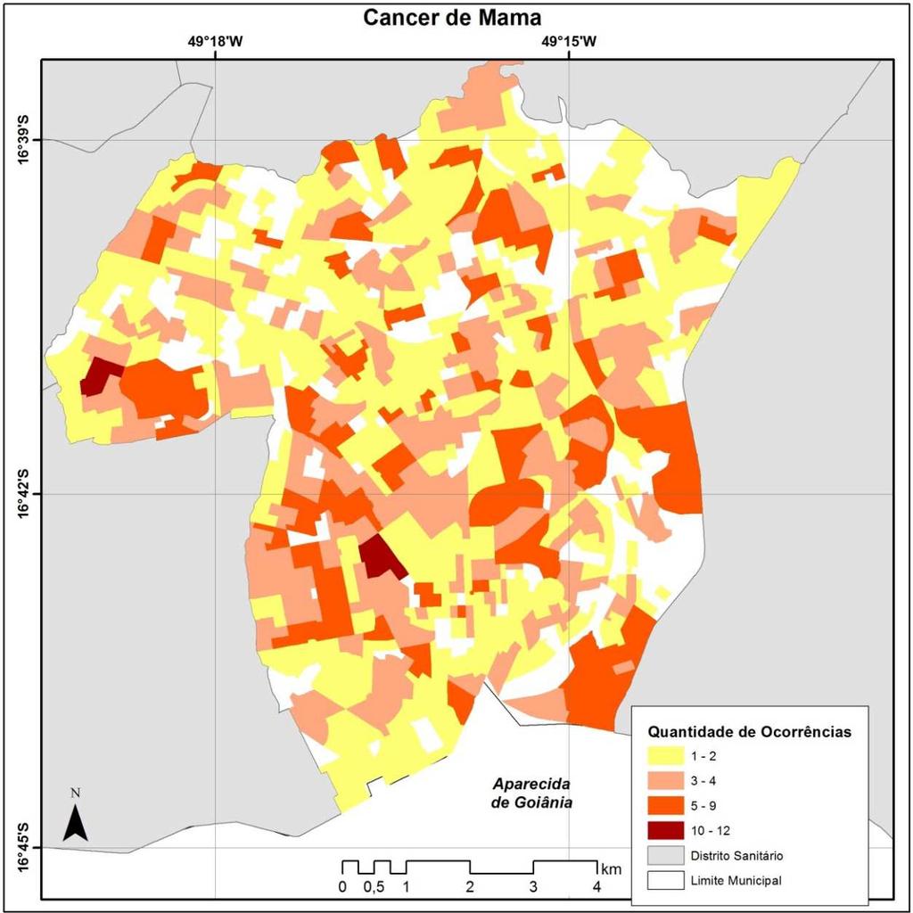 Figura 2. Distribuição espacial de casos novos de câncer de mama, no período de 2001 a 2010, na área de estudo, integrada pelos Distritos Sanitários Campinas-Centro e Sul, por setor censitário.