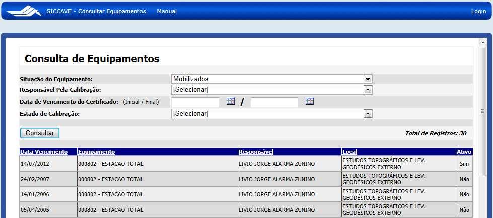 No exemplo abaixo, foi feito uma pesquisa por situação do equipamento Mobilizado, veja como ficou a consulta: Depois de clicar no botão Consultar são retornadas as colunas Data de Vencimento,