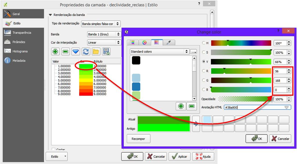 2.5. Padrão de Cores RGB para representação da Declividade Para um raster de declividade com nove classes, a distribuição das cores deve apresentar um resultado