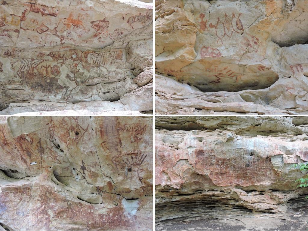 As pinturas rupestres (Figura 2) foram efetuadas majoritariamente em diferentes tonalidades de vermelho, mas também são encontradas figuras elaboradas com as cores preta, amarela, cinza, branca,