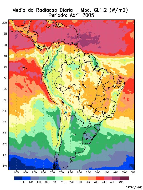 Modelo GL1.2 abril 2 Radiação solar diária (irradiância média em W.m -2 ) Média e dispersão sobre 28 dias.
