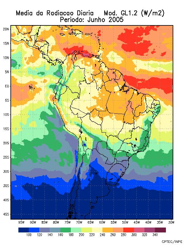 Modelo GL1.2 junho 2 Radiação solar diária (irradiância média em W.m -2 ) Média e dispersão sobre 3 dias.