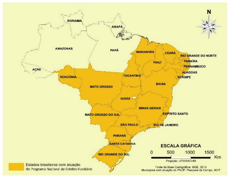 Discursos Sobre o Programa Nacional de Crédito Fundiário (PNCF) no Brasil e Rio Grande do Norte Mapa 1 Estados com atuação do Programa Nacional de Crédito Fundiário Fonte: IBGE (2015) Segundo Sauer