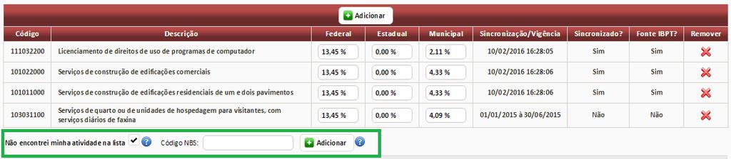 Para pesquisar uma atividade NBS específica, basta informar o seu código, a sua descrição ou ambos e clicar no botão Pesquisar ; ou, então, caso o prestador deseje visualizar todas as atividades