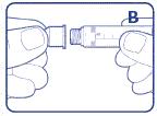 B Coloque cuidadosamente a agulha na caneta sem remover a tampa de protecção, mantendo a caneta em linha recta com a agulha.