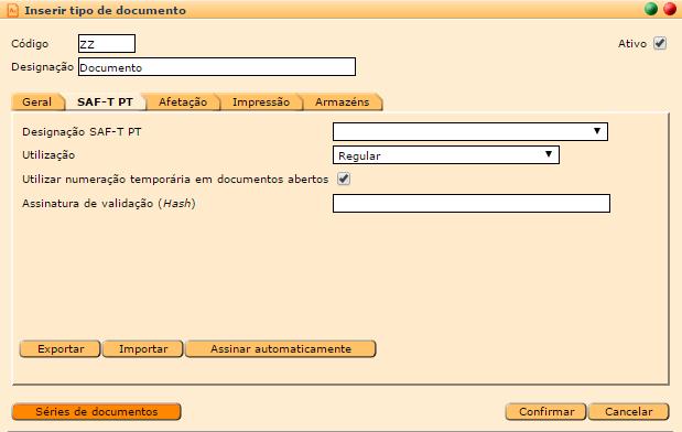 Assinar automaticamente O ficheiro dos tipos de documentos quando configurado sem designação SAF-T PT dispõe de uma nova funcionalidade que possibilita, caso os dados do tipo de documento sejam