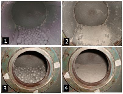 O procedimento dos ensaios de moagem descontínua, realizados a seco, consistiu nas seguintes etapas: 1) Cálculo da massa do material monotamanho (Mm) utilizada nos ensaios, a partir da determinação