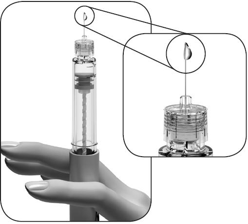 3.4. Examine atentamente a ponta da agulha para ver se há uma gota(s) pequena(s) de líquido. Se observar uma pequena gota(s) de líquido passe para a Secção 4: Preparação da dose para 250.