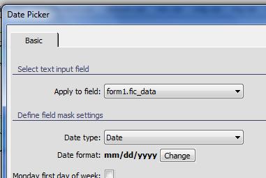 seleccione o campo data, e vamos a Server Behaviors -> Developer Toolbox -> Form
