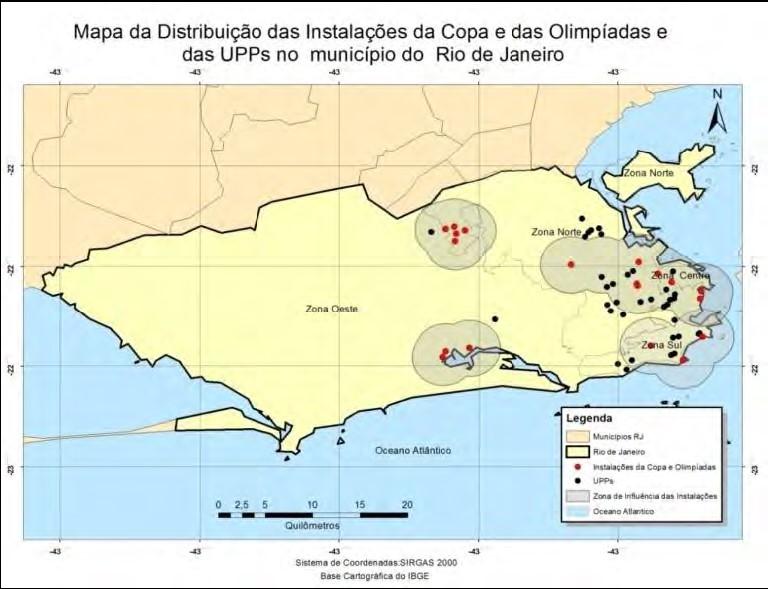 Mapa 1 Fonte:(FERNANDES JUNIOR, 2012) A distribuição geográfica das ocupações e instalações das UPPs nos traz uma visão nítida da estratégia das políticas de (in) segurança, claramente direcionada