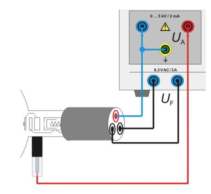 1.3. PARTE EXPERIMENTAL 11 1.3.4 Medidas Monte o experimento e conecte os terminais do tubo de difração de elétrons na alimentação de energia como conforme visto na figura.