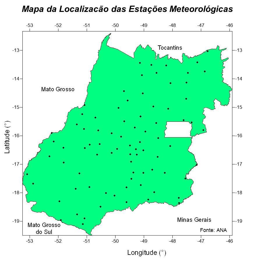 Figura 1 Localização espacial das estações pluviométricas no estado de Goiás Os dados diários preenchidos foram organizados em planilhas, onde foram reduzidos de 365 dias para médias mensais,