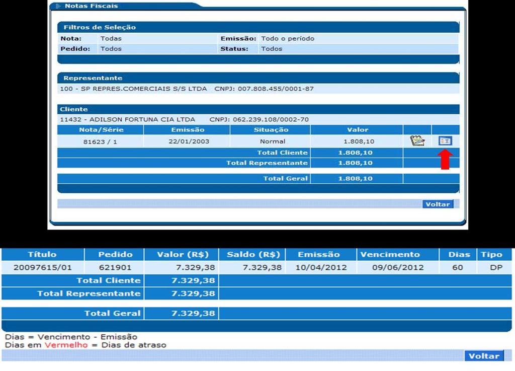 Ao clicar em títulos aparecem todas as informações de títulos referentes aquela NF.