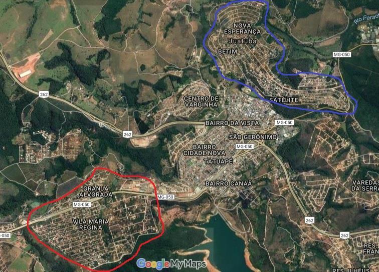 Figura 3. Imagem de satélite das áreas Experimental (marcação em azul) e Controle (marcação em vermelho), selecionadas para realização do estudo. Fonte: Google My Maps.