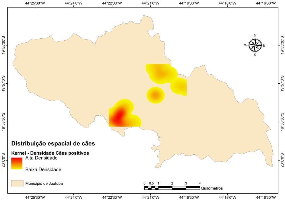 Figura 5. Estimativa de densidade pelo método de Kernel de casos caninos positivos da segunda etapa nas áreas estudadas, Juatuba, 2014/ 2015.