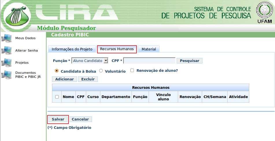 Programa programa de projetos de PIBIC/PIBIC Jr. Ao qual o projeto faz parte. Início data de início do programa de projetos. Fim data de término do programa de projetos. Grande Área área do projeto.