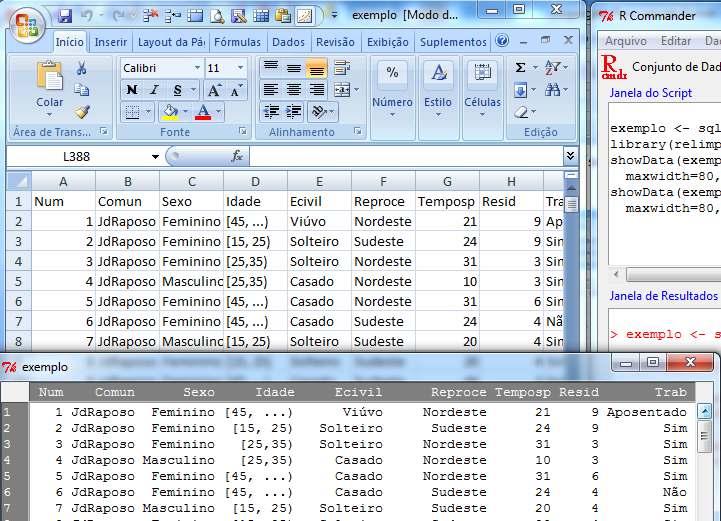 Figura 4 As sete primeiras observações do arquivo de dados no Excel e no R. 2.