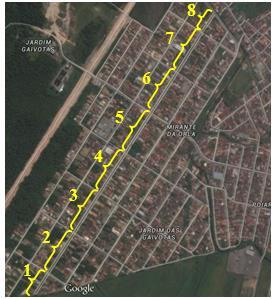 m), área 5 (90 m), área 6 (85 m), área 7 (85 m) e área 8 (95 m), totalizando 35 m de comprimento, conforme a Figura.