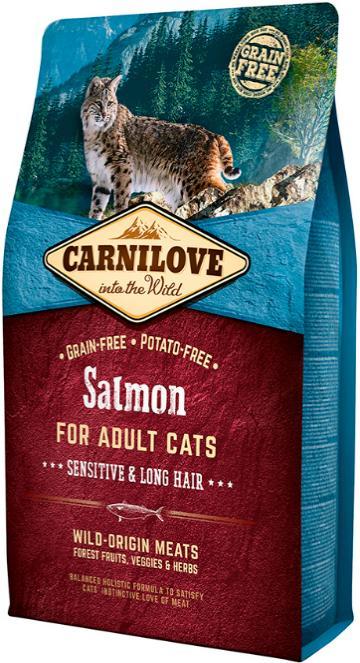 CARNILOVE CAT ADULT SENSITIVE & LONG HAIR SALMON (GRAIN FREE) Carnilove Cat Adult Sensitive & Long Hair Salmon é um alimento formulado sem cereais e sem batata para gatos adultos sensíveis e de pelo