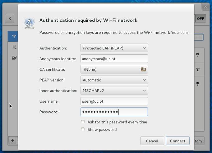 PASSO 2 Ao selecionar a rede wireless eduroam será apresentado a janela de configuração.