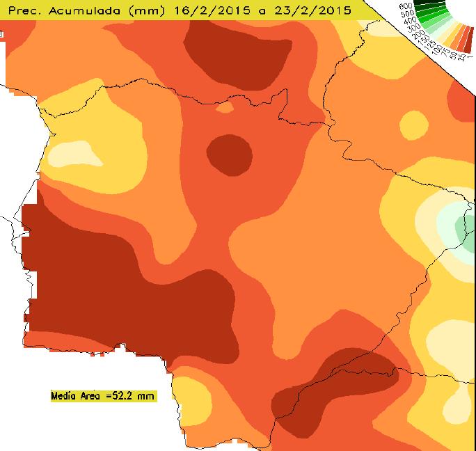 Para a semana de 16 a 23 de fevereiro de 2015, verifica-se, na figura 1, precipitações atingindo todo o estado,