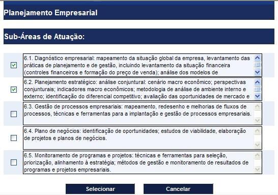 Para selecionar as subáreas, clique no ícone e abra a nova janela, marcando as subáreas de interesse e clicando