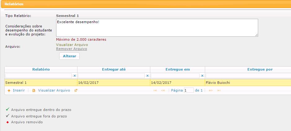 2. Substituir Relatório O sistema permite substituir o arquivo do relatório inserido desde que ainda não