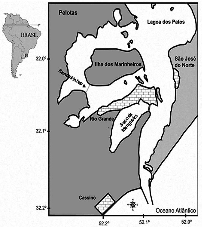 Figura 1: Lagoa dos Patos e região adjacente com as áreas de amostragem de Callinectes sapidus Rathbun, 1896.