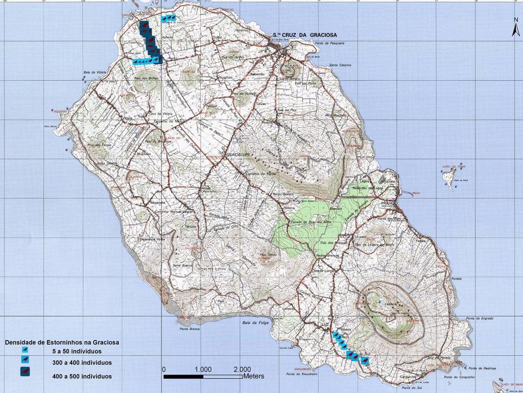 3.2 Graciosa Nesta ilha foram avistados bandos de estorninhos a norte, principalmente na zona do Calhau Miúdo e do Aterro Sanitário, na freguesia de Santa Cruz da Graciosa e a sul na zona da Folga,