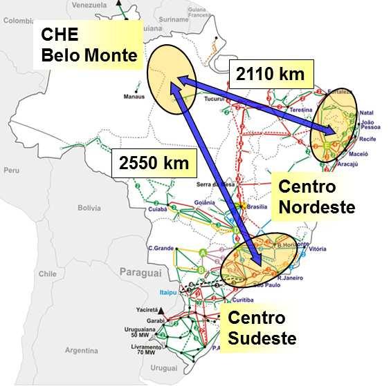 CAPÍTULO 1 INTRODUÇÃO 20 Figura 3: Distância entre a usina Belo Monte e os principais centros de cargas brasileiros (Nordeste e Sudeste). Fonte: LIMA; DIAS, 2011.