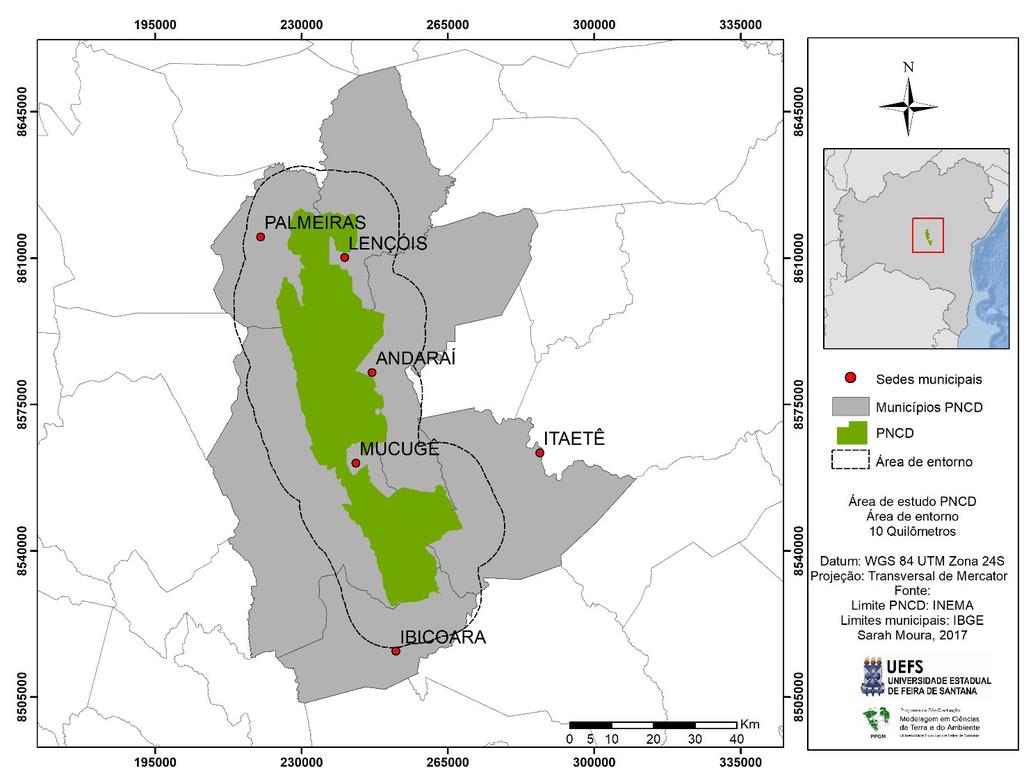 Santos S. M. B. et al. Fig. 1 - Mapa de localização da área de estudo. Parque Nacional da Chapada Diamantina e os municípios que o compõem. O PNCD compreende uma área de aproximadamente 152.