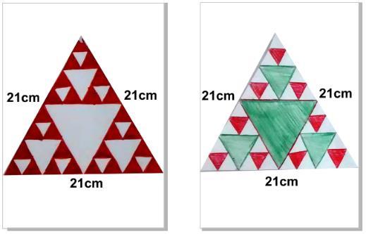 uma réplica menor fractal inteiro. Sejam e, o tamanho do lado e a quantidade de triângulos menores do Triângulo de Sierpinski em seu nível k.