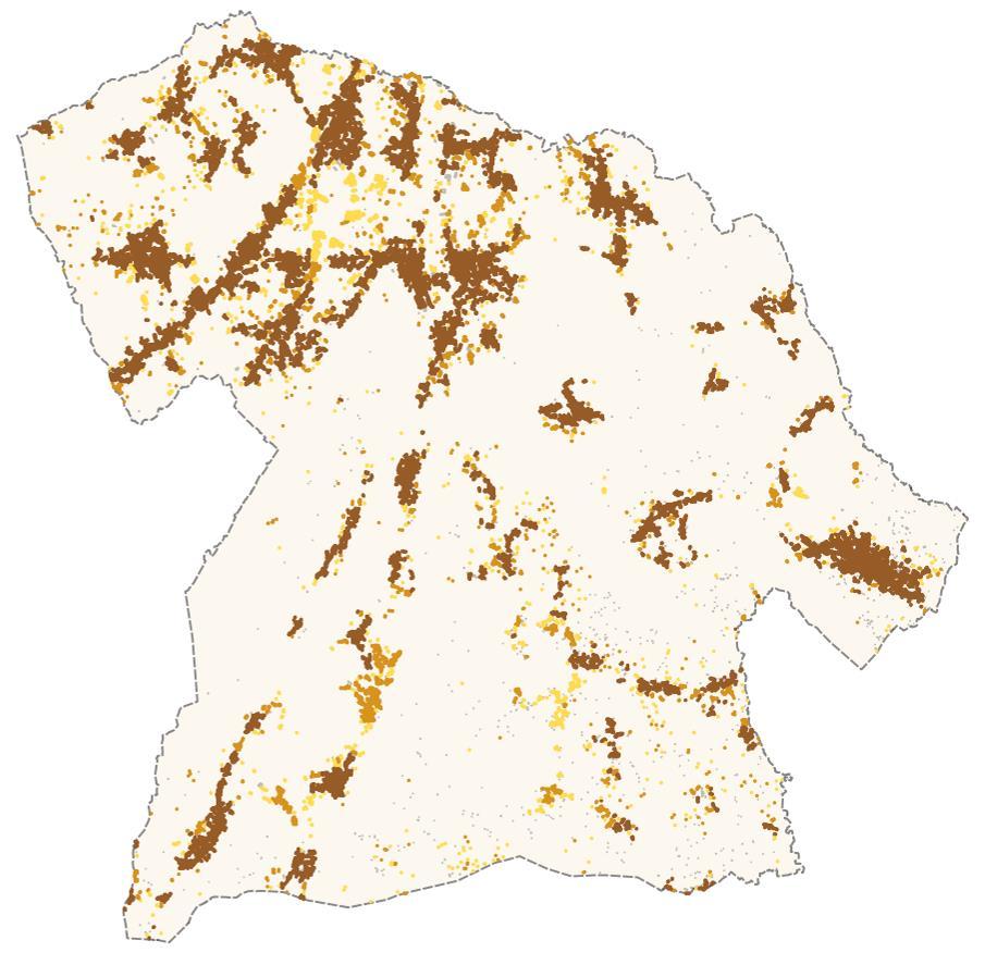 Figura 1: Representação da densidade edificatória aplicada ao buffer 25 metros O sub-sistema do Pinhal Litoral (incluindo Porto de Mós) ocupa uma faixa de transição entre os relevos calcários de