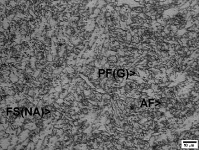 121 além de FS(NA) e ferrita poligonal intragranular (PF(I)). O tamanho de grão é heterogêneo e fino, com presença de grãos relativamente grossos.