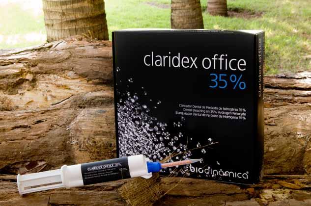 33 CLAREADORES CLARIDEX OFFICE Agente Clareador Dental - Peróxido de Hidrogênio 35% CLARIDEX OFFICE é um sistema de a base de Peróxido de Hidrogênio a 35%, de alta viscosidade, com ph entre 6,0 a 8,0.